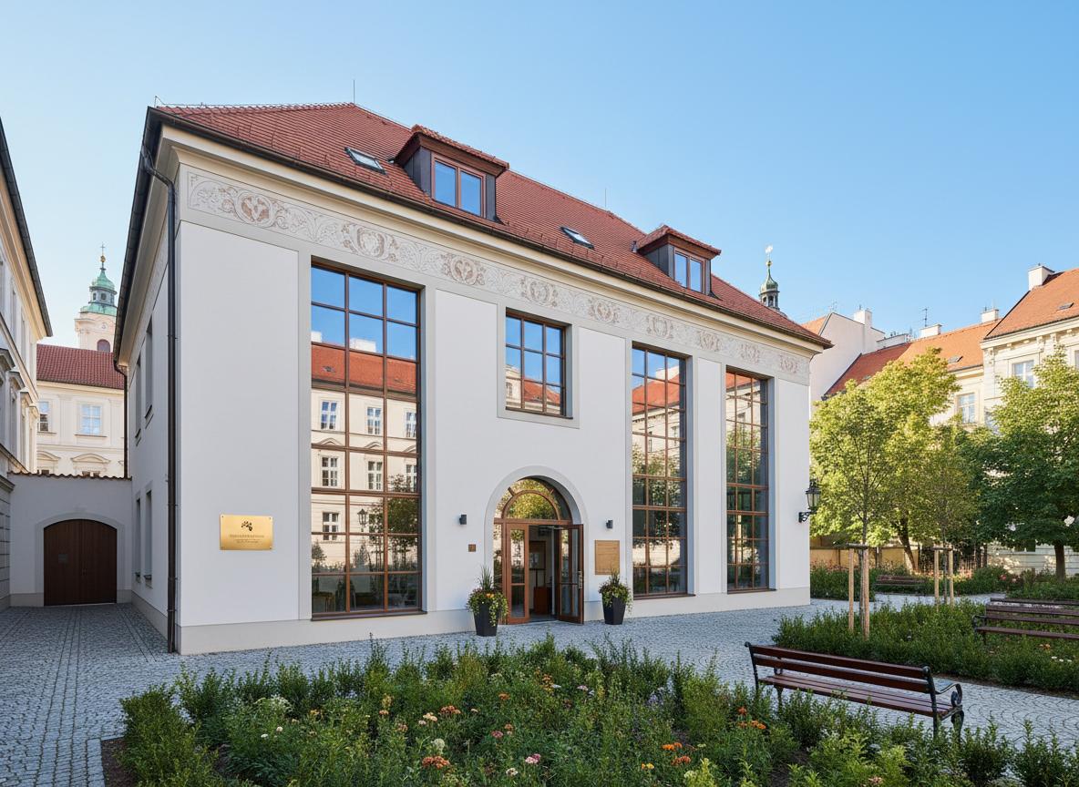 Moderní budova krematoria pro zvířata v Praze s proskleným vchodem a upravenou zahradou
